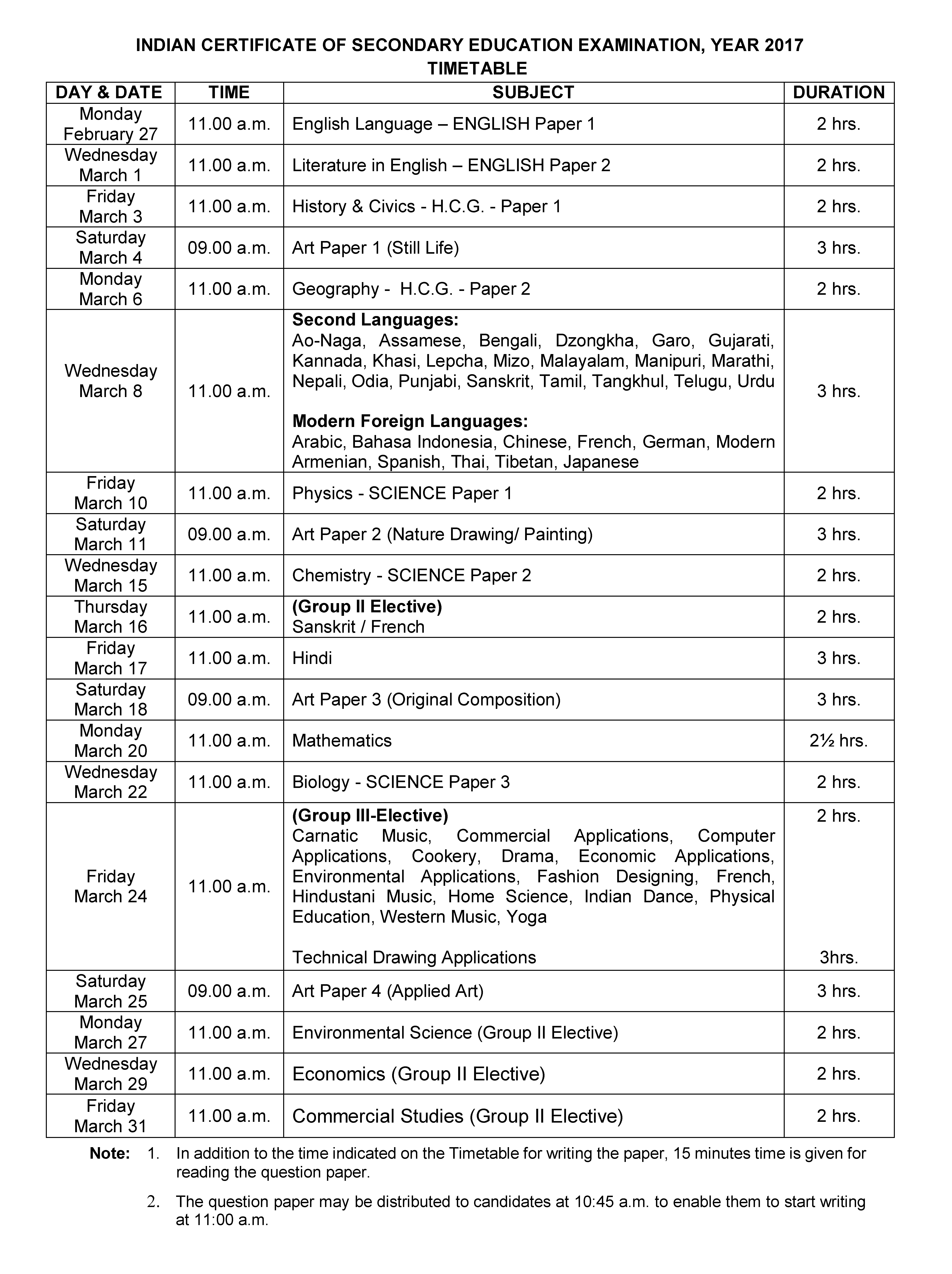 ICSE 2017 Timetable Routine