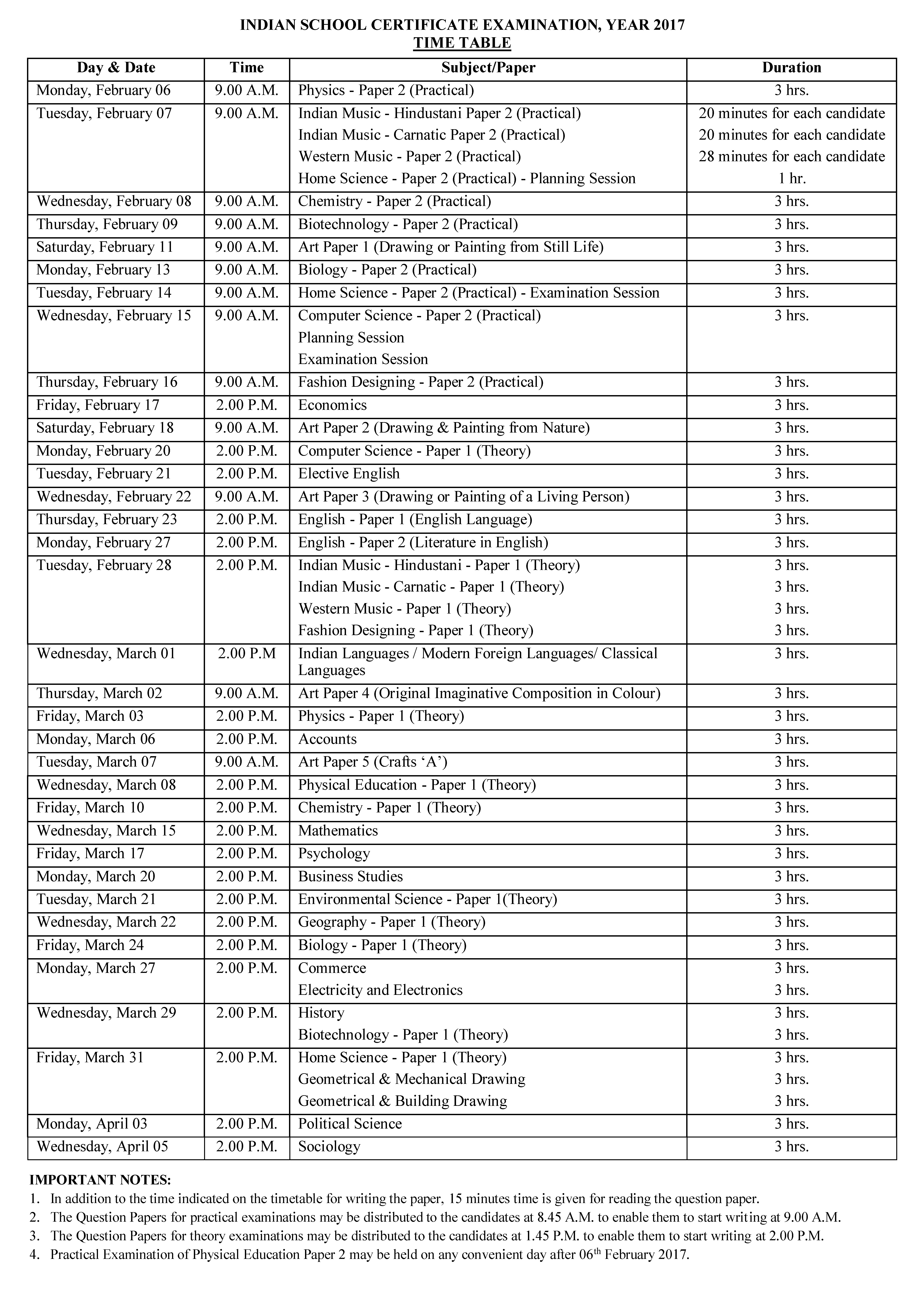 ISC 2017 Timetable Routine